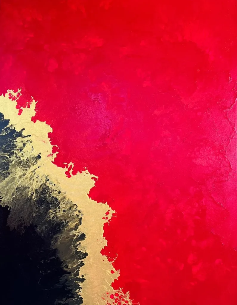 Pintura-abstrata-vermelha-de-Dani Fontenelle-tecnica-de-derramamento- organico-arte-contemporanea-para- colecionadores