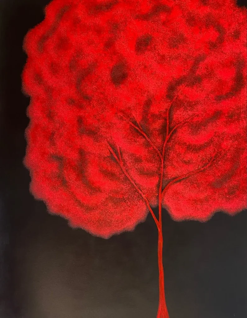 Pintura-abstrata-vermelha-de-Dani Fontenelle-tecnica-de-derramamento- organico-arte-contemporanea-para- colecionadores